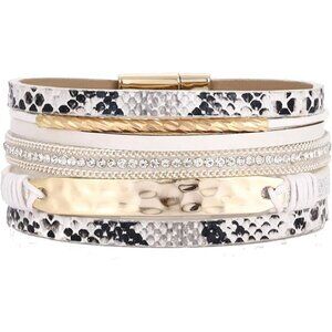 Leather Wrap Bracelet for Women Multi-Layer Leopard Crystal Wide Cuff Jewelry